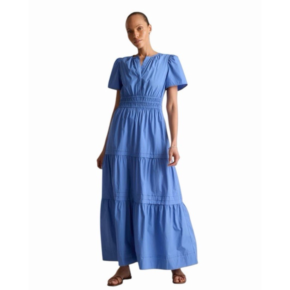 Quince Womens Dress 100% Organic Cotton Poplin Tiered Ruffle Maxi Blue Size XL - Picture 1 of 11
